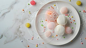 Assorted mochi ice cream on a white plate with colorful sprinkles and powdered sugar