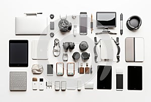 Assorted Modern Tech Gadgets And Accessories On White Background