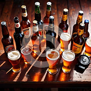 Assorted mugs and glasses of beer ale on wooden tabletop in pub and bar