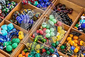 Assorted multicolored glass beads. Handmade jewelry