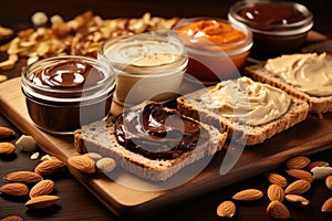 assorted nut butters spread on brown bread