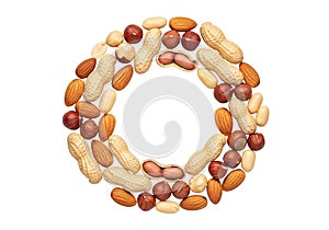 Assorted nuts arranged in a circular pattern on white background