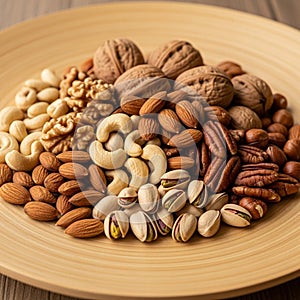 Assorted nuts are arranged on a