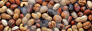 Assorted nuts arranged in a top view, creating a natural background for a captivating visual display