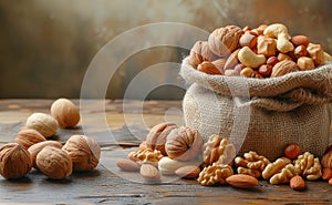 Assorted nuts in a burlap sack on a wooden table. Healthy diet and variety concept