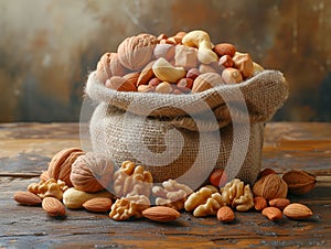 Assorted nuts in a burlap sack on a wooden table. Healthy diet and variety concept