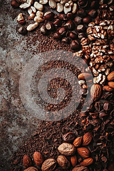 Assorted Nuts, Chocolate and Cocoa on Dark Rustic Background