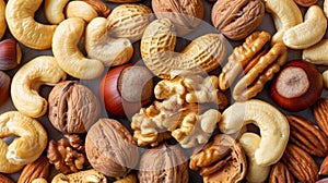 Assorted nuts creating a natural top view background for a visually appealing display
