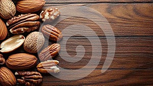 Assorted nuts on dark wooden table