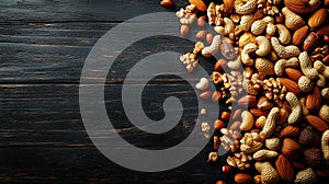 Assorted nuts on dark wooden table background