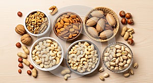Assorted nuts displayed in bowls on