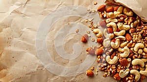 Assorted nuts displayed on a neutral background with generous space for optimal text placement