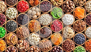 Assorted nuts and dried fruit background. organic food in wooden bowls, top view