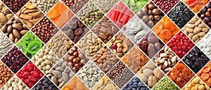 Assorted nuts and dried fruit, large mix organic food background