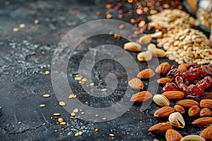 Assorted nuts and dried fruits on a black background appetizing and healthy. Concept Assorted Nuts,