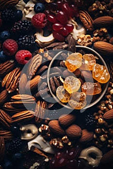 assorted nuts and dried fruits in a bowl on a dark background