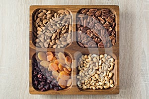 Assorted nuts and dried fruits in wooden box