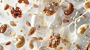 Assorted nuts fall into the milk. Milk splash is mixed with almonds, cashews and walnuts on a white background. A healthy protein