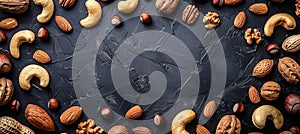 Assorted nuts forming a textured natural background, viewed from the top perspective