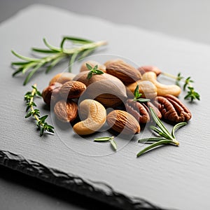 Assorted nuts including almonds, cashews, pecans,