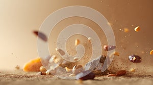 Mixed nuts falling on brown surface