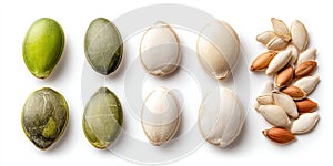 Assorted nuts including almonds, walnuts, and hazelnuts scattered on a clean white background.