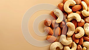 Assorted nuts on light brown backdrop with copious space for effective text placement