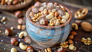 Assorted nuts in rustic bowl on wooden background