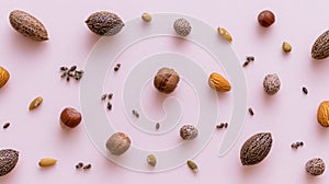 Assorted nuts and seeds scattered on a pastel background for healthy eating Generative AI