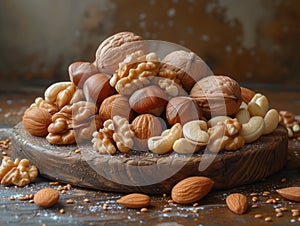 Assorted nuts in on a wooden table. Healthy diet and variety concept