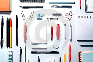 Assorted office supplies and notebooks arranged on white desk photo