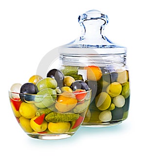 Assorted olives in a glass