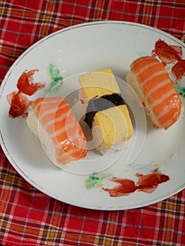 Assorted omelet sushi and salmon sushi