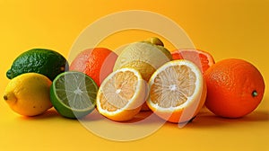 Assorted Oranges, Lemons, and Grapefruits on Yellow Background