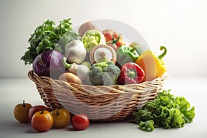 Assorted organic vegetables and fruits in wicker basket isolated on white background.