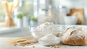 Assorted organic wheat products like flour, pasta, and bread on a kitchen countertop. photo