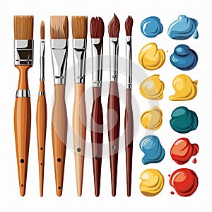 Assorted Paint Brushes and Vibrant Blue and Yellow Paint Dabs on White Background photo