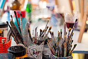 Assorted Paintbrushes in Artist\'s Studio