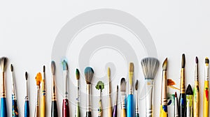 Assorted paintbrushes with paint splatters on a white background, ready for art creation