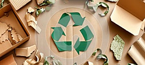 Assorted paper and cardboard recycling materials with universal symbol on neutral background