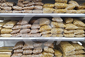 Assorted pasta macaroni in grocery store