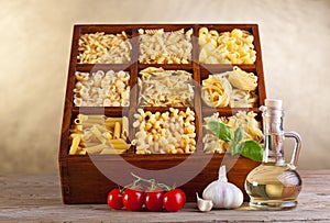 Assorted pasta mix in wooden box