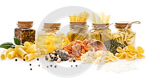 Assorted pasta types with spices and basil on a white background, arranged aesthetically