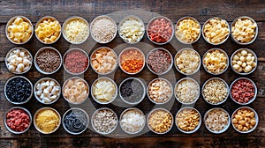 Assorted pasta varieties displayed in small bowls