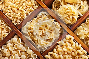 Assorted pasta in wooden compartments