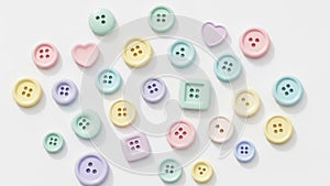 Assorted pastel colored buttons are scattered on a white background