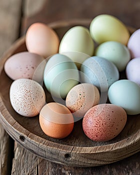 Assorted pastel-colored Easter eggs on a rustic wooden platter, holiday celebration.