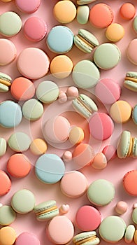 Assorted Pastel Macarons on a Soft Pink Background