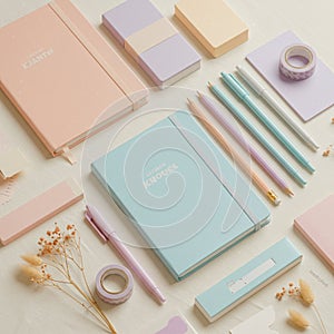 Assorted pastel stationery items are neatly arranged on a surface. Items include
