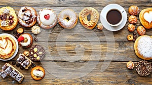 Assorted pastries and coffee on wood